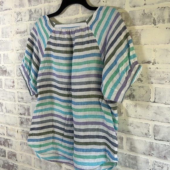 Talbots Women Linen Shirt S/S Top White Blue Stripes Coastal Stripe Petite Large - Picture 6 of 7
